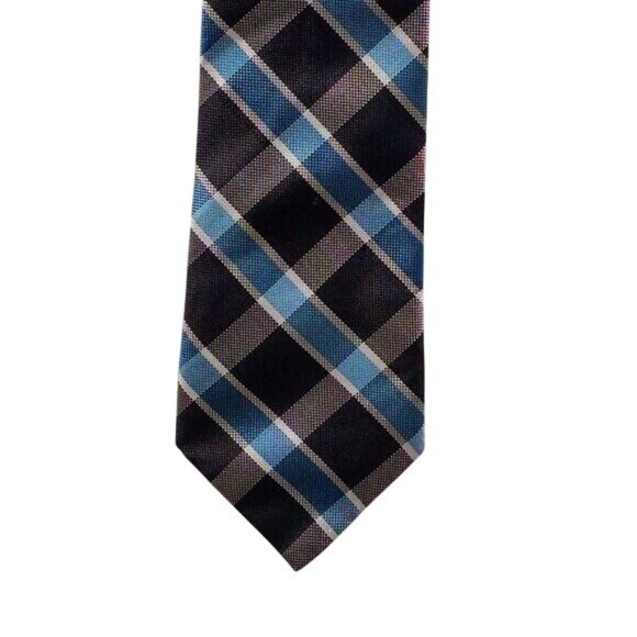 Men's Plaid Tie Blue Black Gray Diagonal Striped Skinny Neck Accessory - Picture 7 of 7